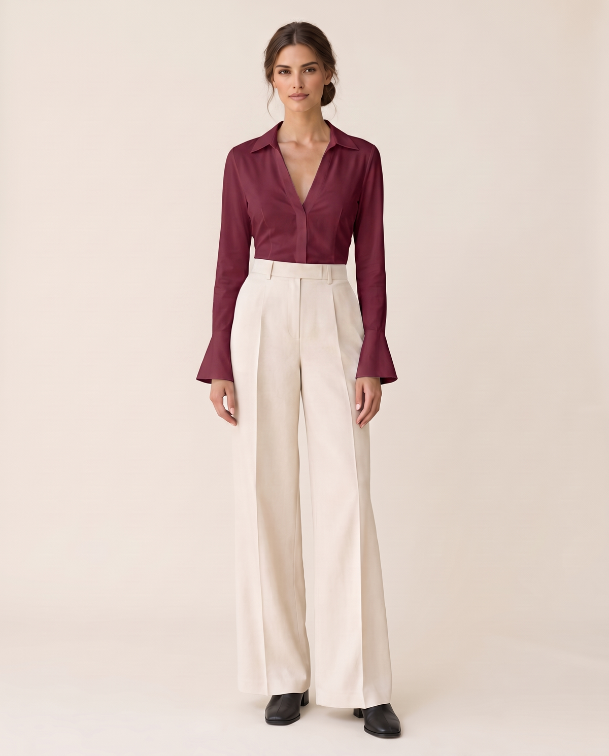 Spruce Sleek Fitted V-Neck Blouse — claret