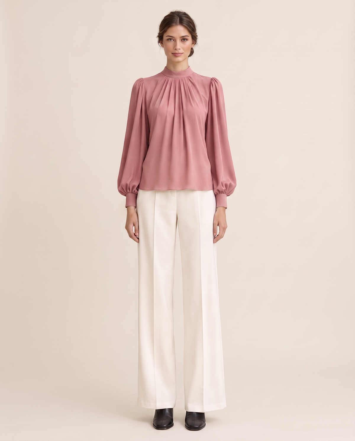 Covent Elegant Pleated Mock Neck Blouse — pink
