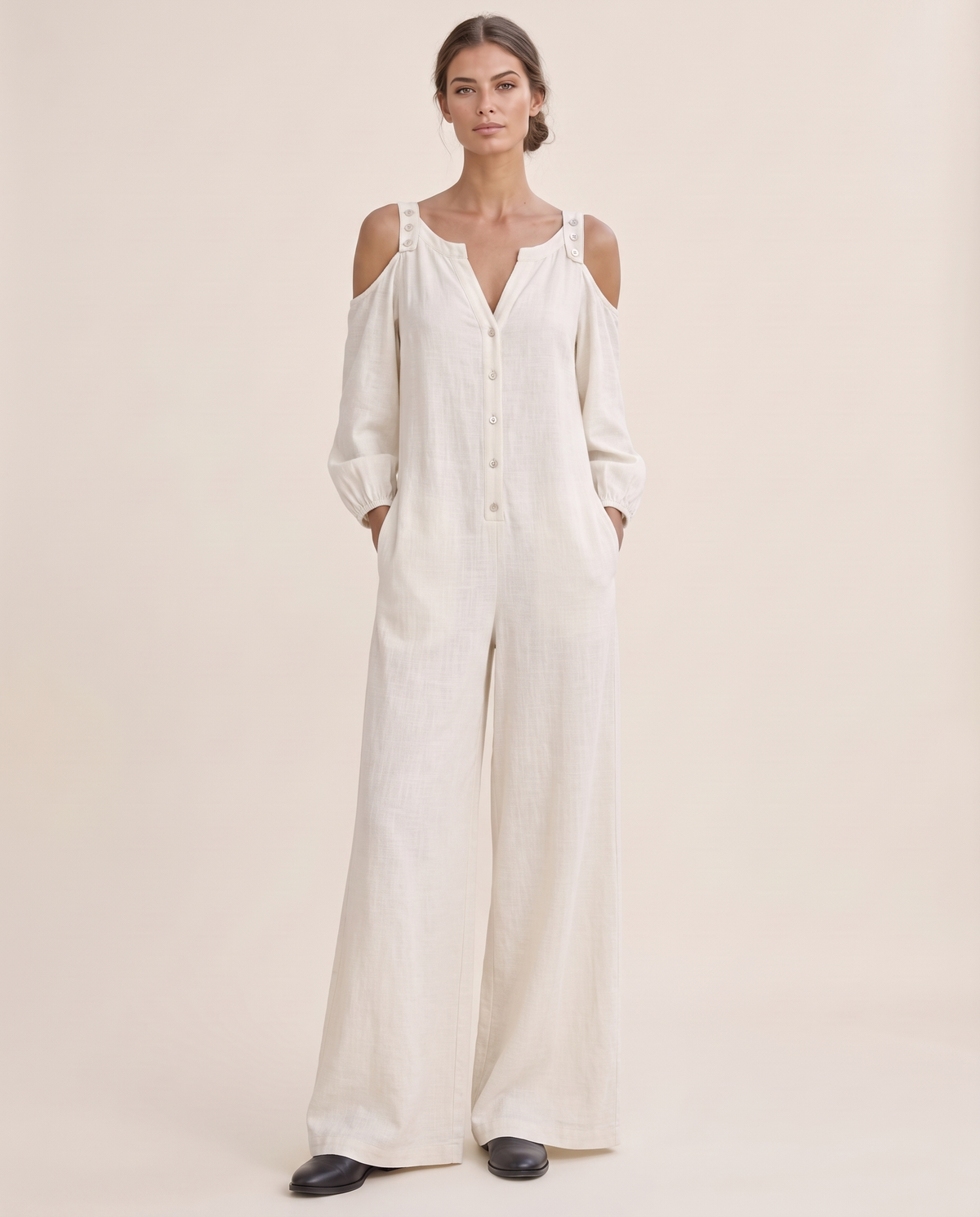 Ashland Relaxed Cold-Shoulder Wide-Leg Jumpsuit — white