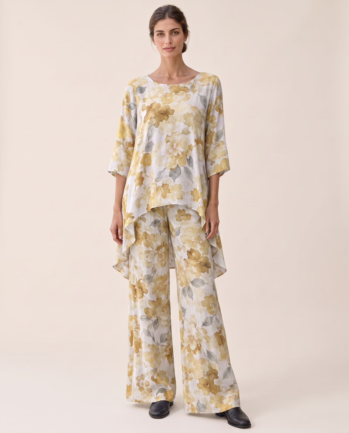 Bayfield Flowy Asymmetric Tunic and Pants Set — yellow
