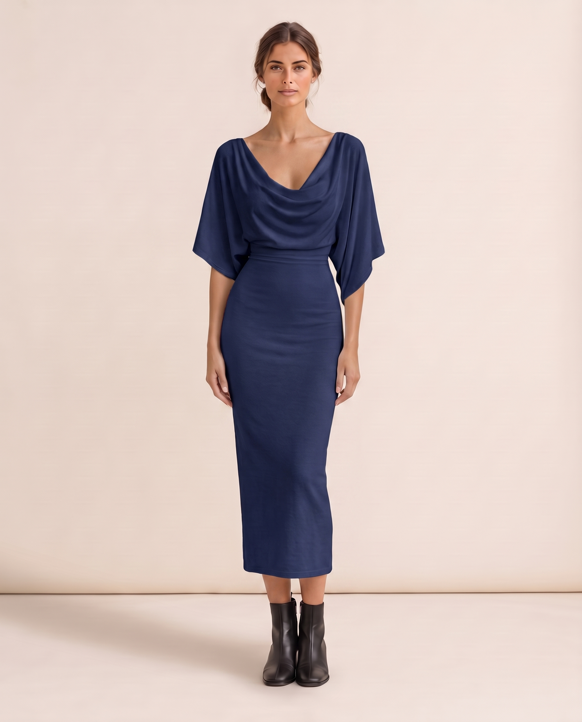 Harrow Sleek Batwing Sleeve Knit Midi Dress — navy blue