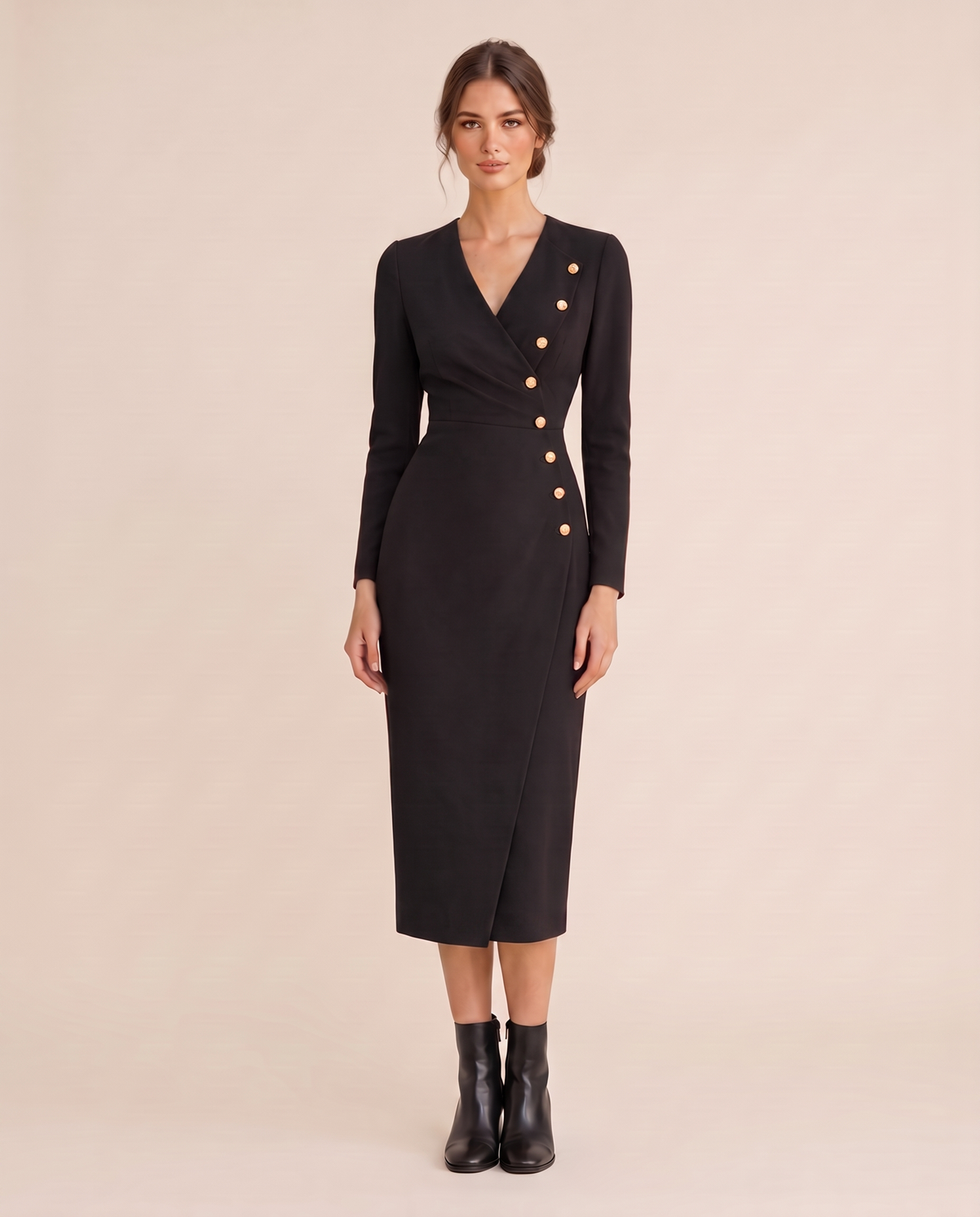 Stockholm Tailored Wrap-Front Buttoned Midi Dress — black