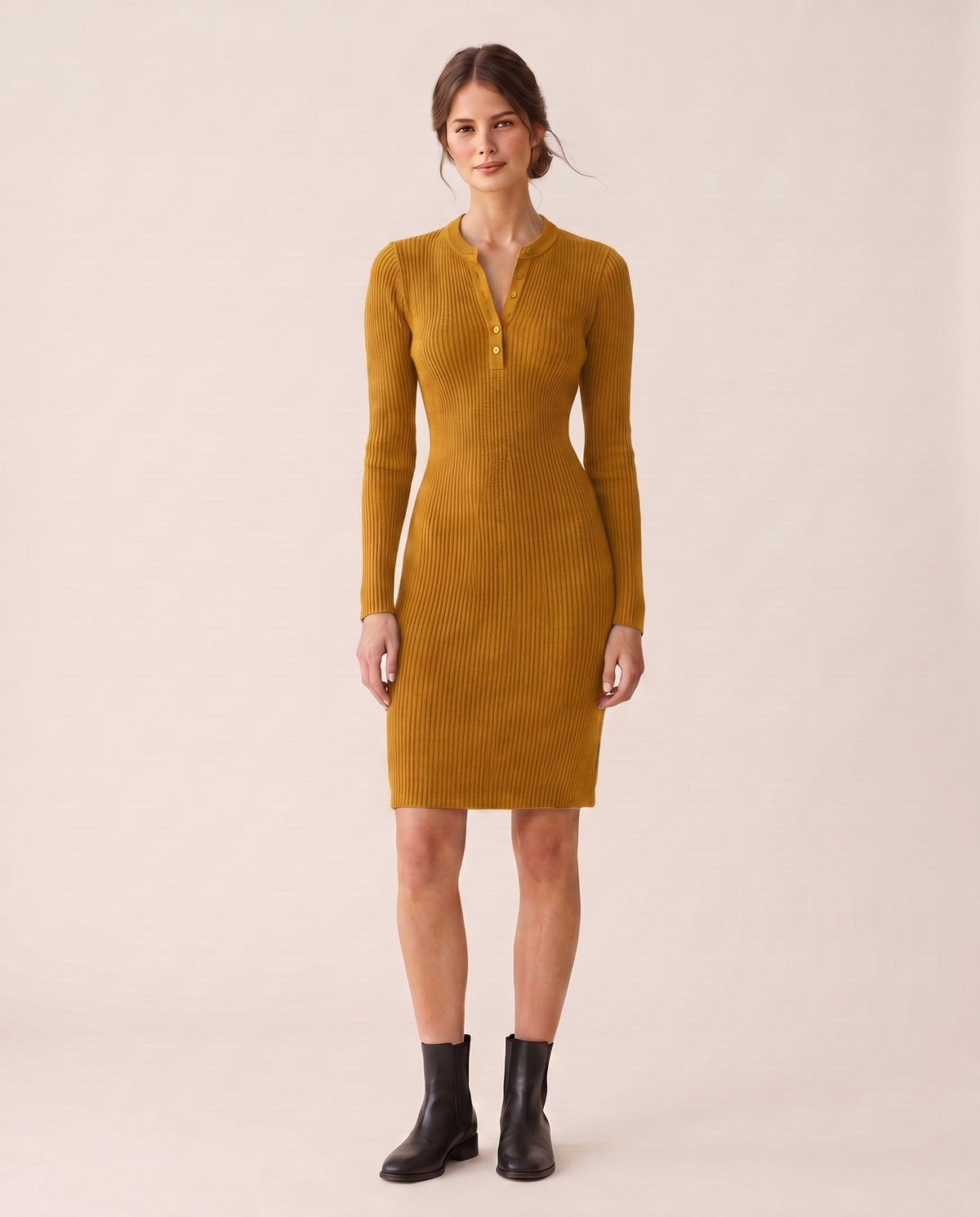 Alpine Cozy Ribbed Knit Sweater Dress — yellow