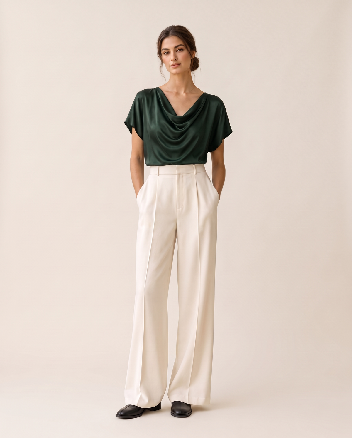 Uinta Elegant Draped Cowl Neck Top — dark green