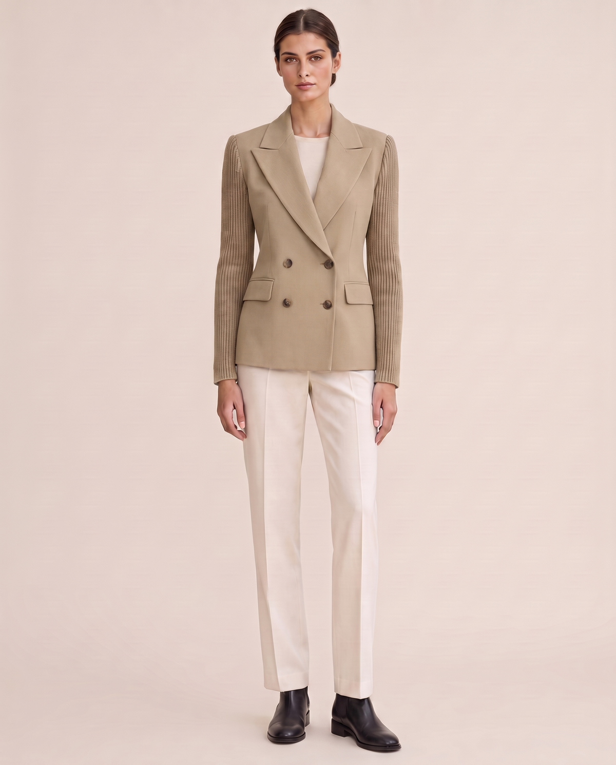 Cascadia Structured Double-Breasted Blazer with Ribbed Sleeves — khaki
