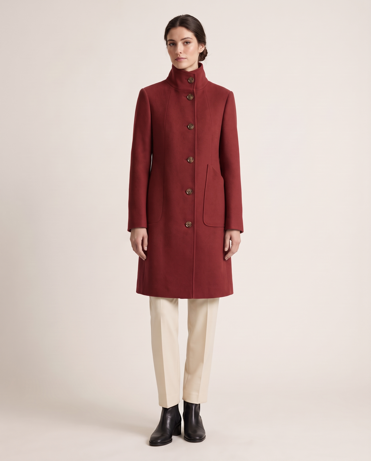 Women's Stand-Collar Coat with Deep Pockets — red