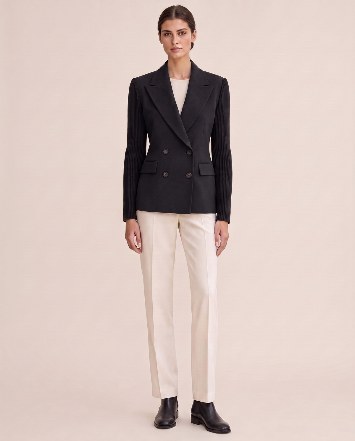 Cascadia Structured Double-Breasted Blazer with Ribbed Sleeves — black
