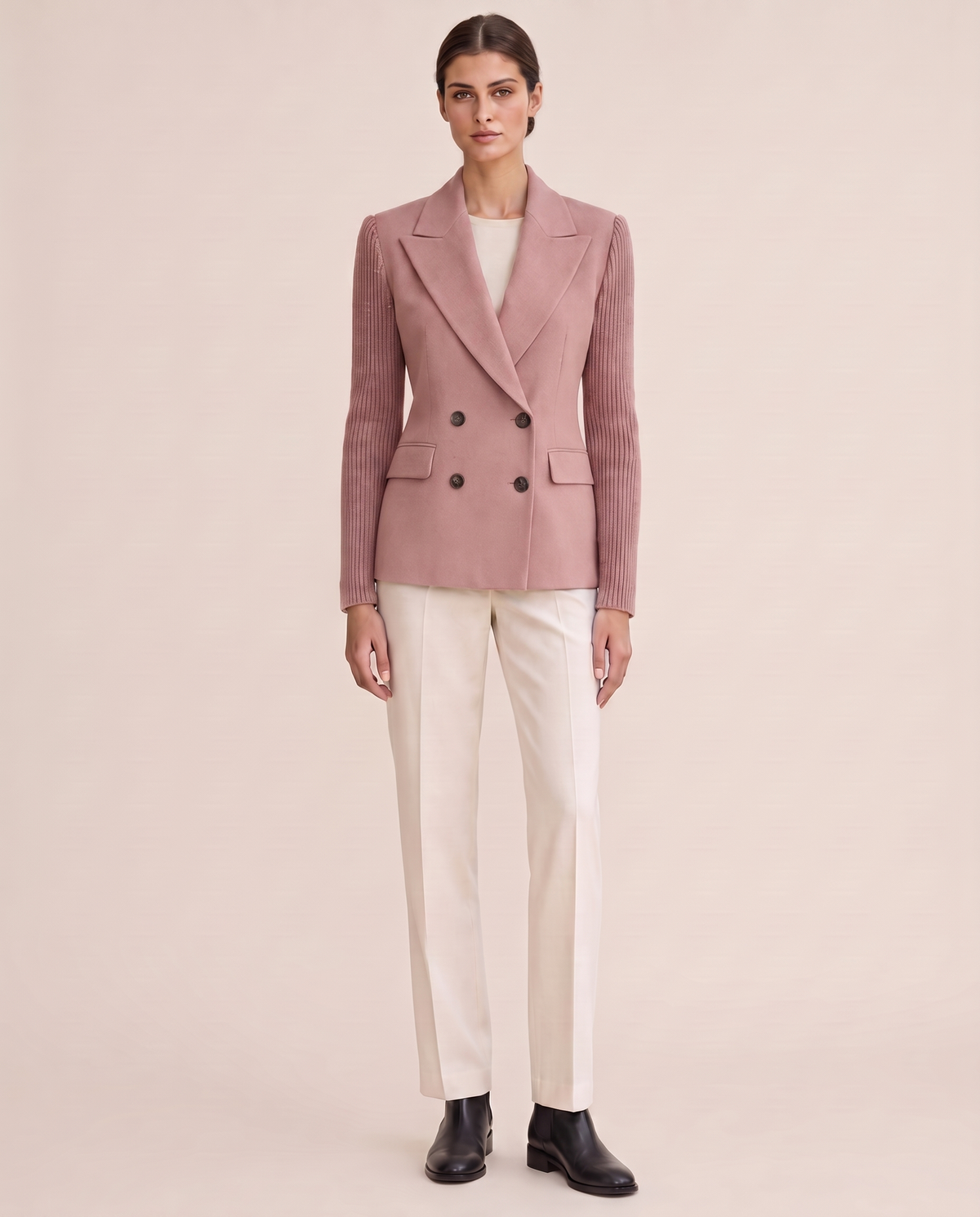 Cascadia Structured Double-Breasted Blazer with Ribbed Sleeves — pink