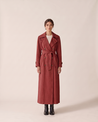 Belted Maxi Trench Coat for Women — red