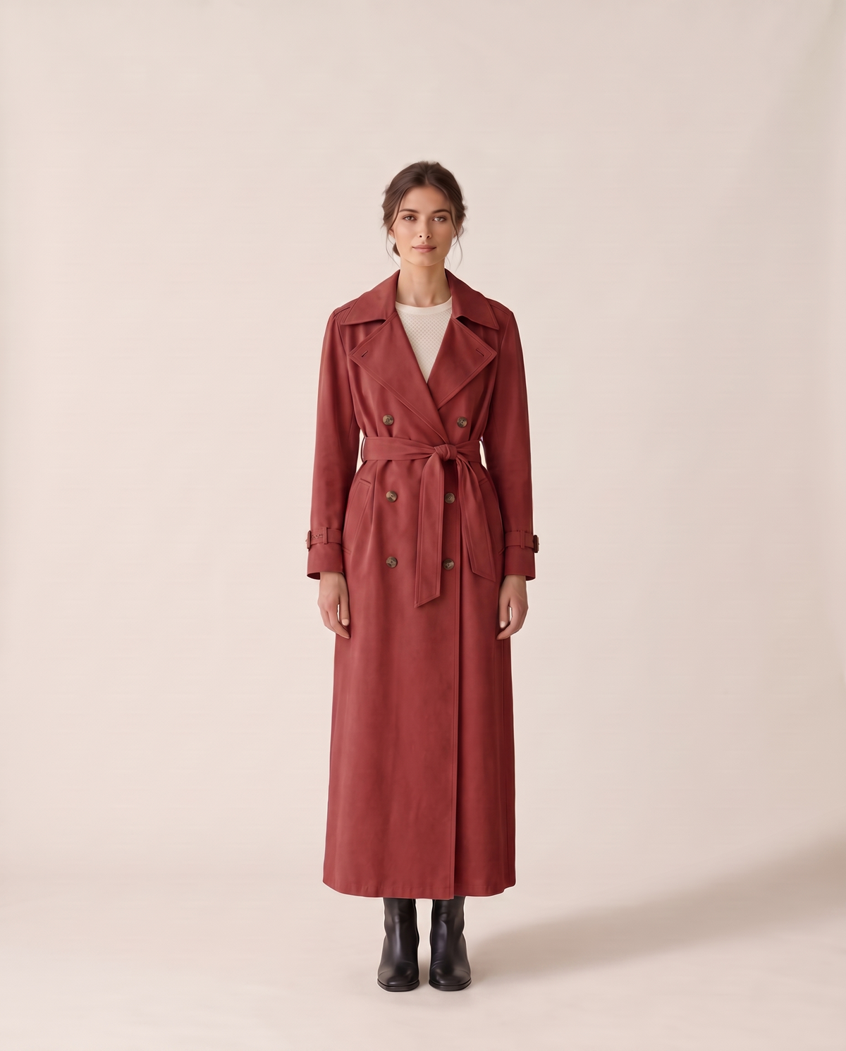 Belted Maxi Trench Coat for Women — red