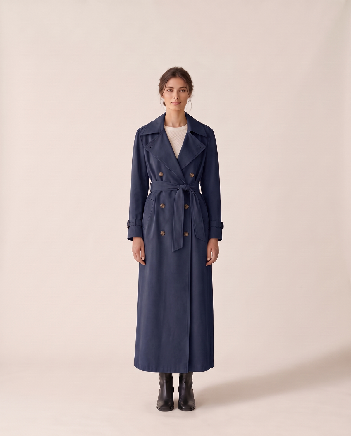 Belted Maxi Trench Coat for Women — navy