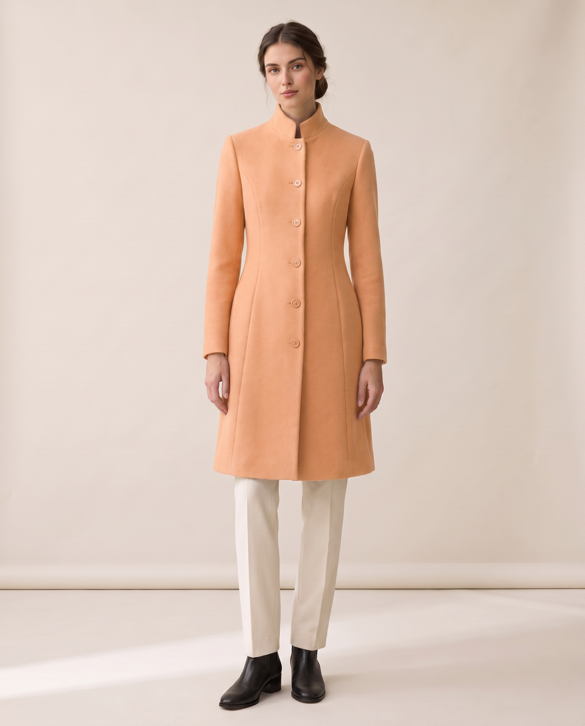 Fitted Stand-Collar Coat with Lined Body — apricot