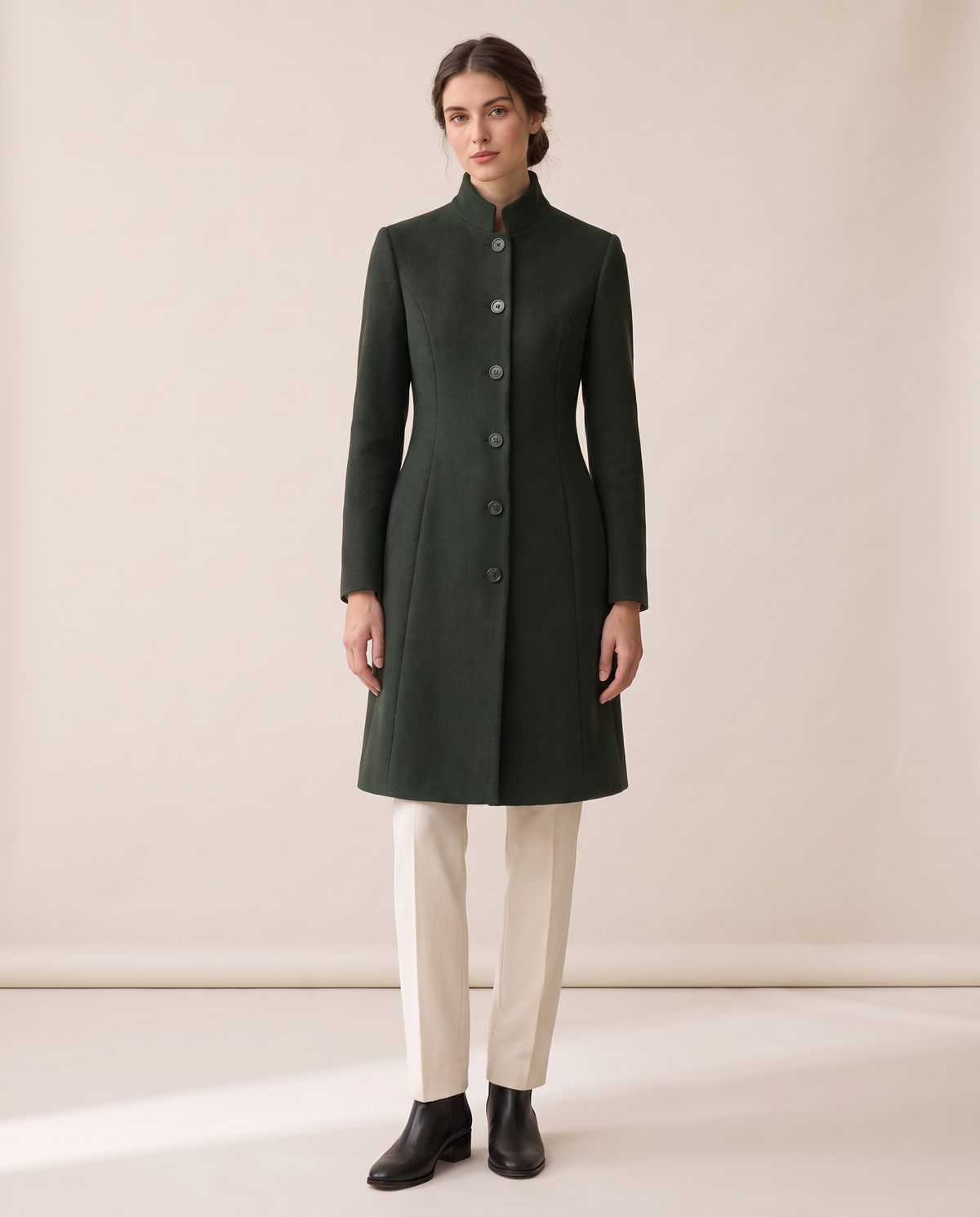 Fitted Stand-Collar Coat with Lined Body — dark green