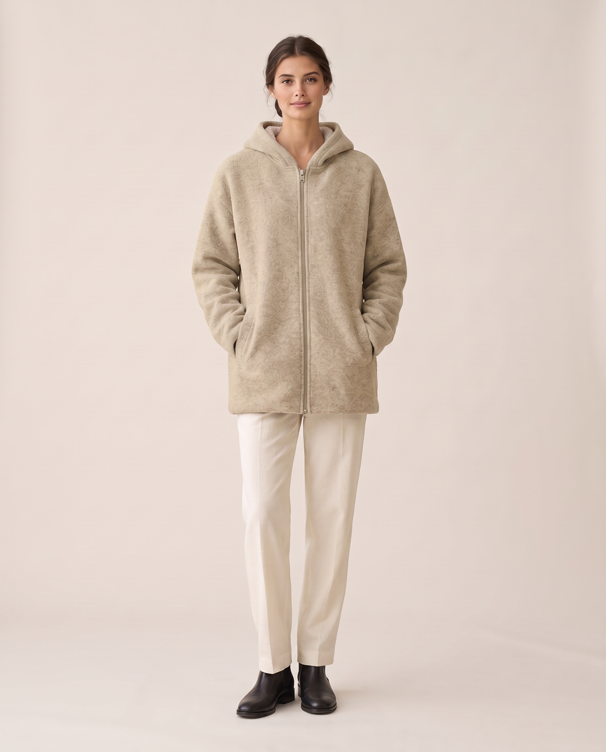 Oversized Hooded Fleece Jacket — khaki