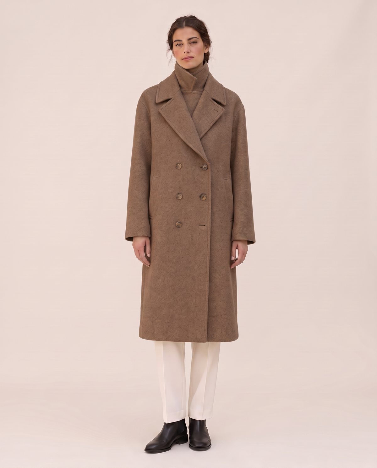 Long Double-Breasted Overcoat for Women — coffee