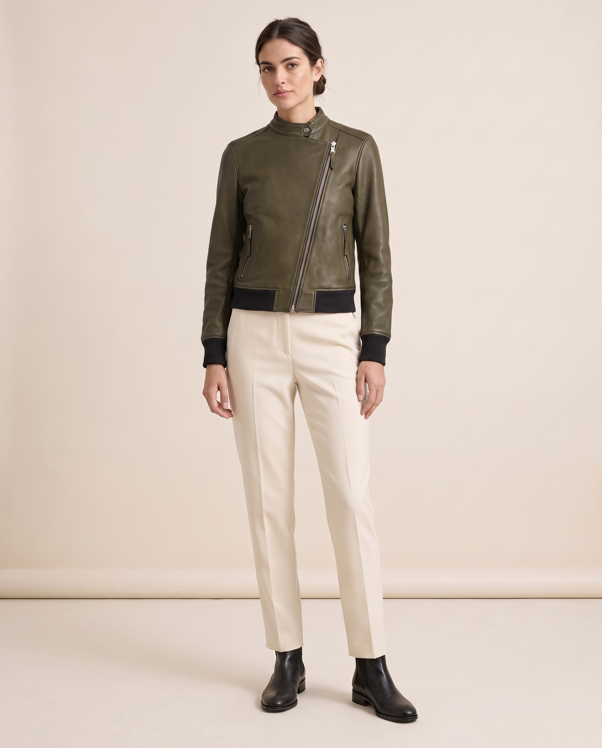 Asymmetric Zip Moto Jacket for Women — army green