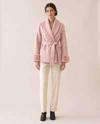 Wool-Blend Wrap Coat with Plush Cuffs — light pink