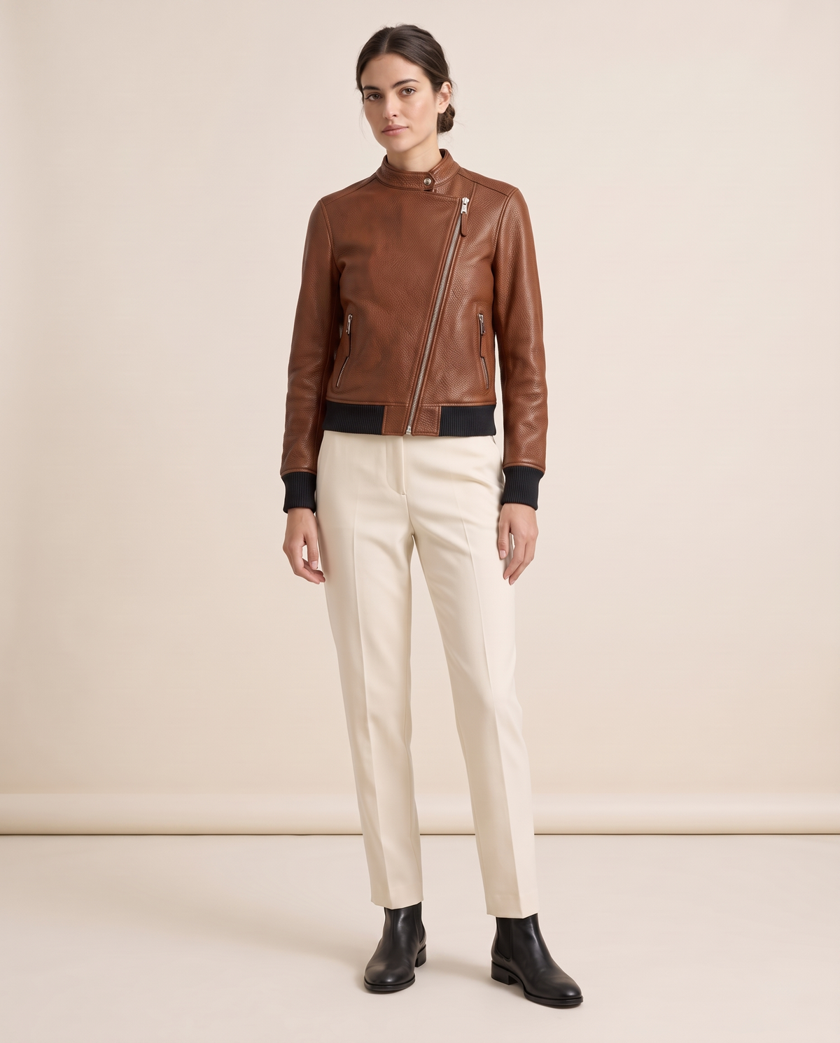 Asymmetric Zip Moto Jacket for Women — brown