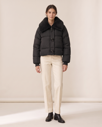 Cropped Puffer Jacket with Plush Collar — black