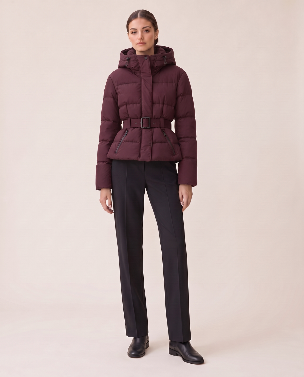Belted Cropped Puffer Jacket with Hood — burgundy