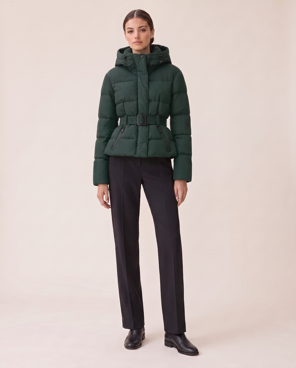 Belted Cropped Puffer Jacket with Hood — green