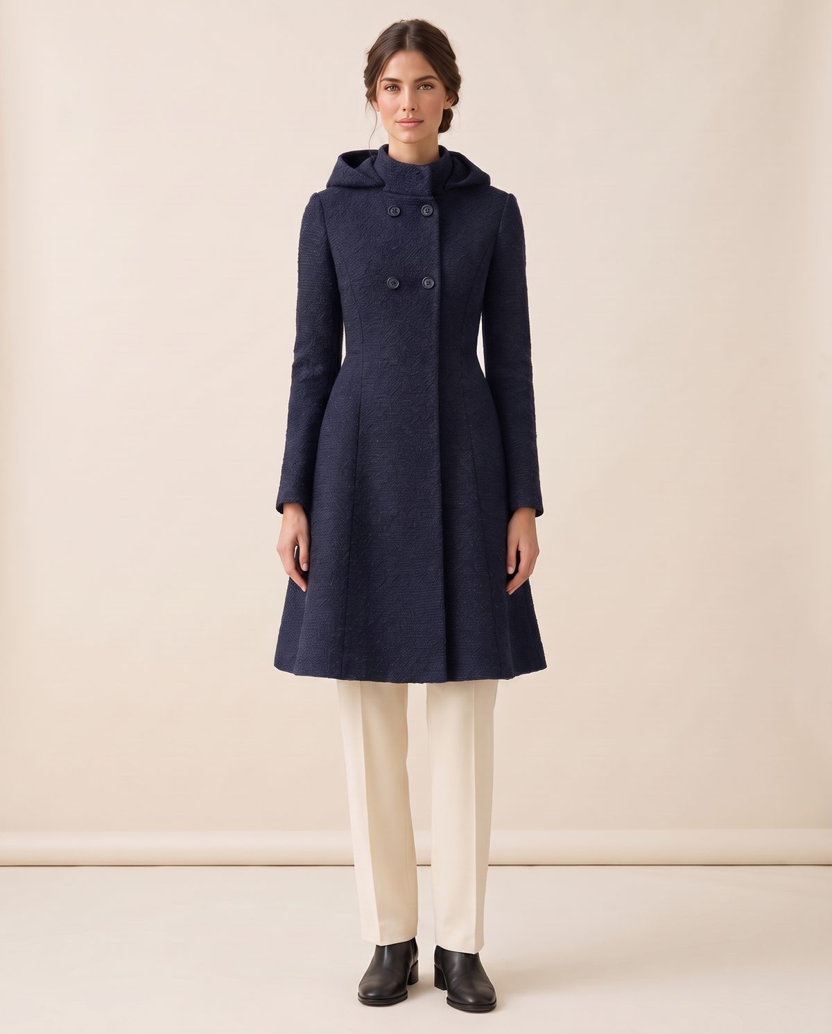 Fitted Hooded Coat with Textured Finish — navy blue