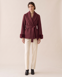 Wool-Blend Wrap Coat with Plush Cuffs — wine red
