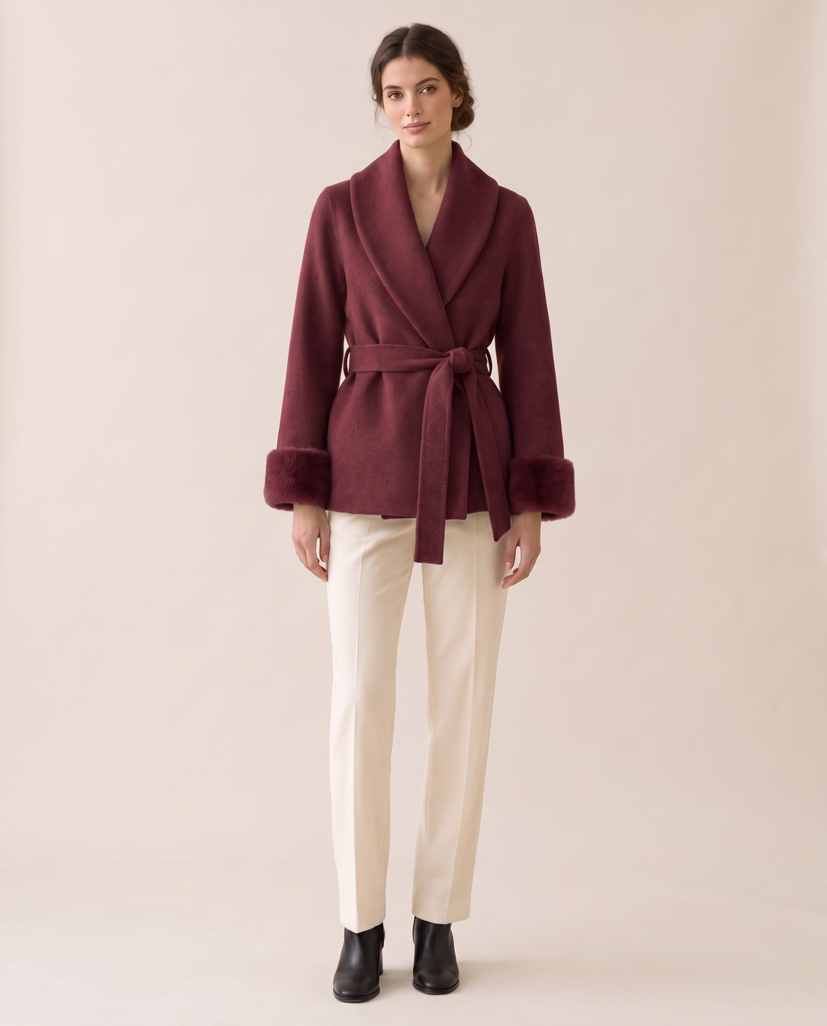 Wool-Blend Wrap Coat with Plush Cuffs — wine red