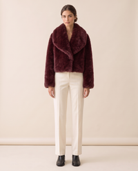 Cropped Faux Fur Coat with Shawl Collar — burgundy