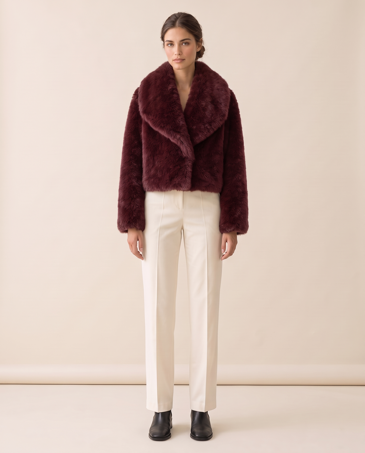 Cropped Faux Fur Coat with Shawl Collar — burgundy