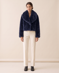 Cropped Faux Fur Coat with Shawl Collar — navy blue