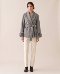 Wool-Blend Wrap Coat with Plush Cuffs — gray