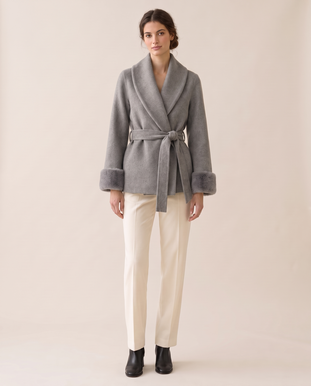 Wool-Blend Wrap Coat with Plush Cuffs — gray