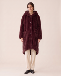 Hooded Faux Fur Longline Coat — burgundy