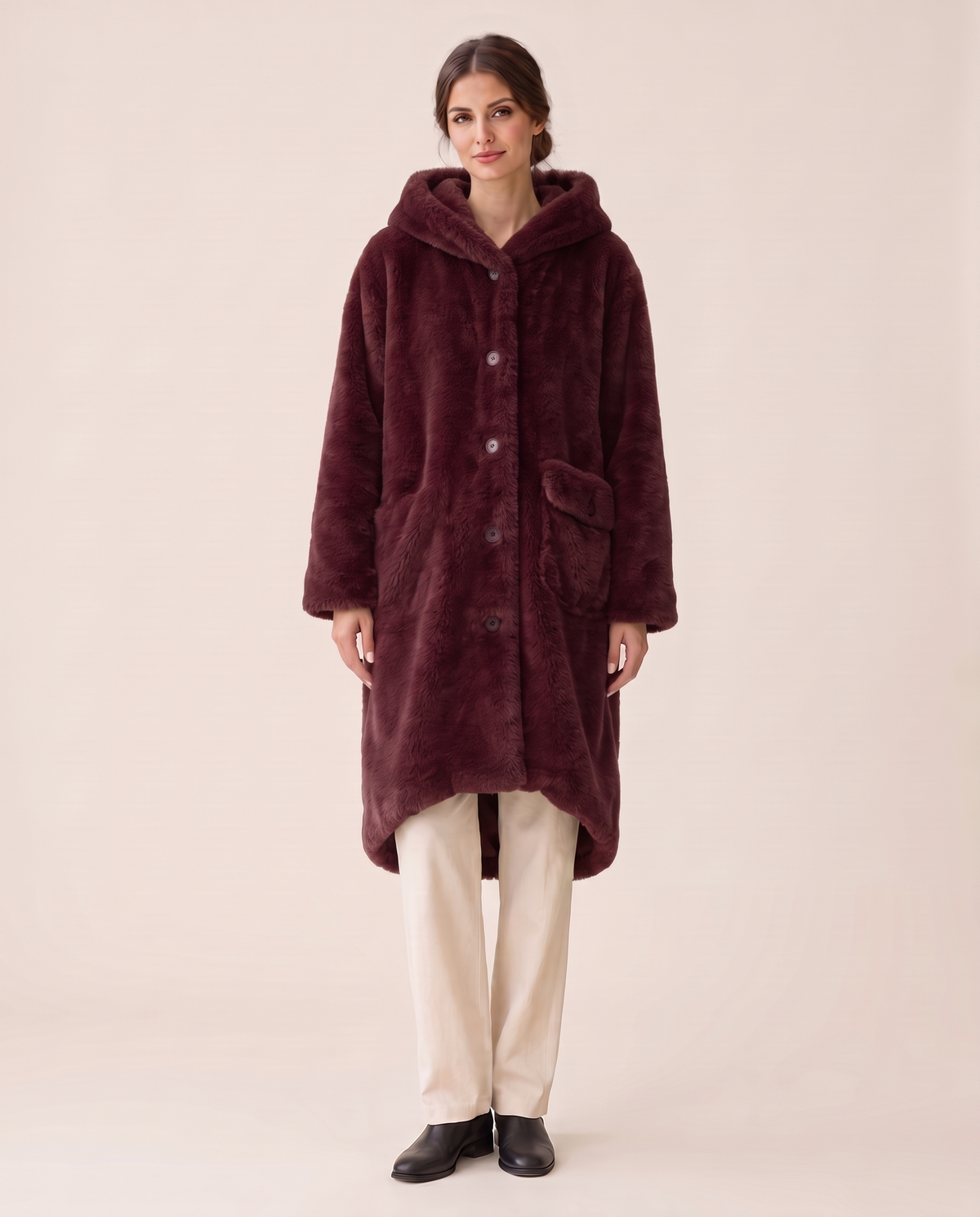 Hooded Faux Fur Longline Coat — burgundy