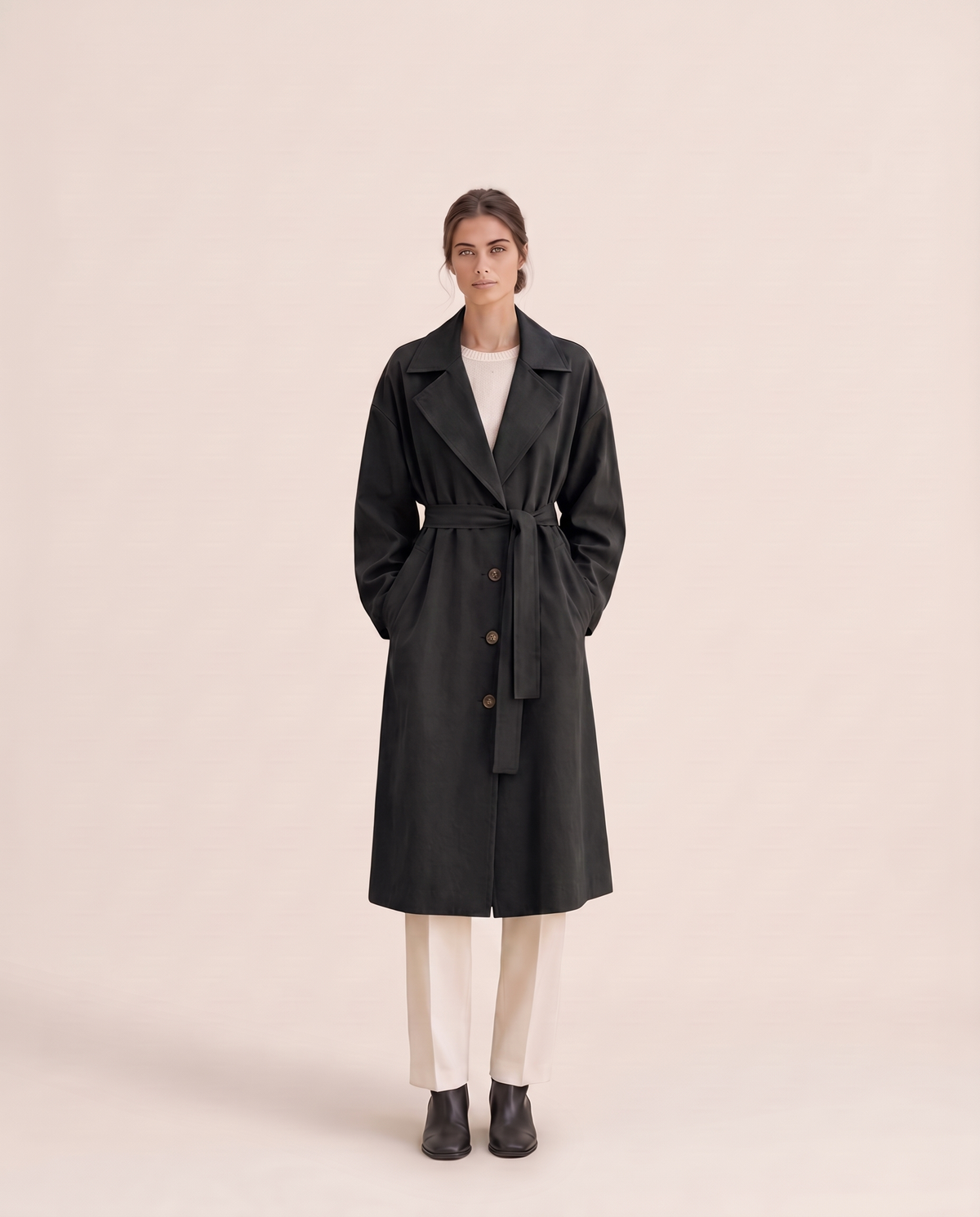 Long Tie-Waist Trench Coat for Women — black