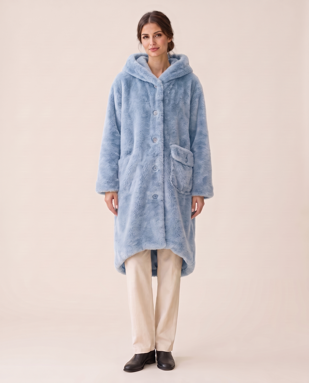 Hooded Faux Fur Longline Coat — sky blue