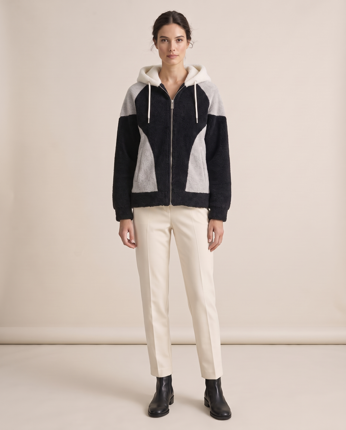 Color-Block Plush Hooded Jacket — black