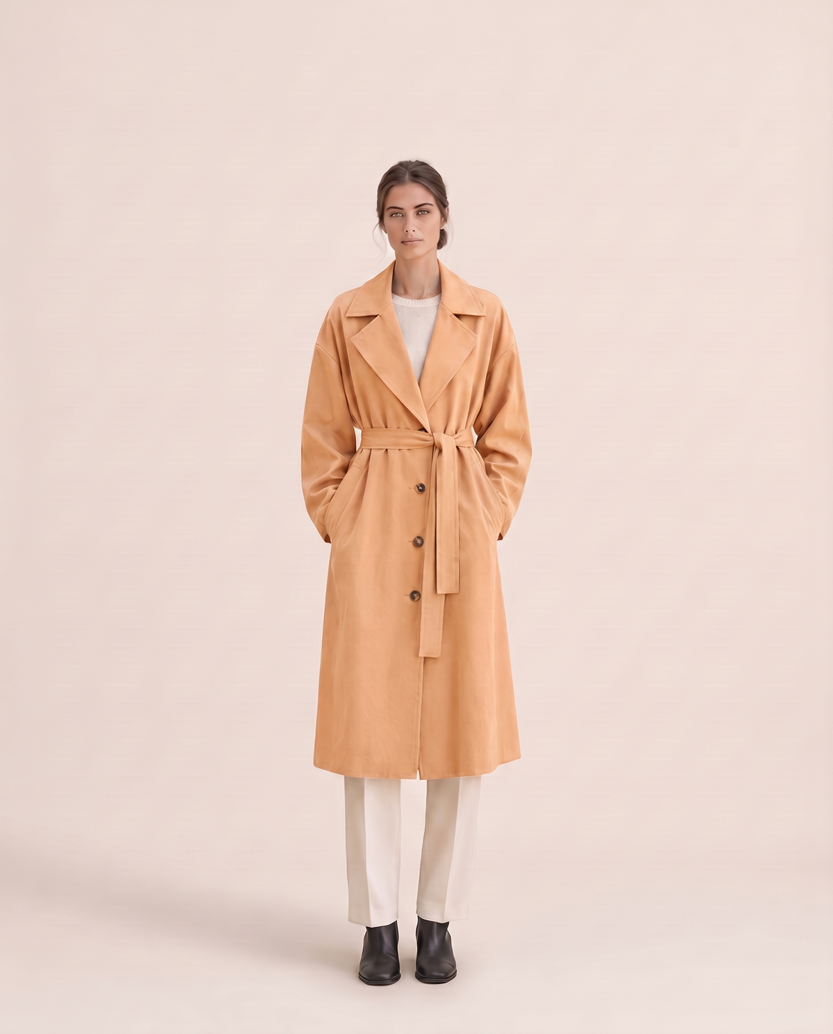 Long Tie-Waist Trench Coat for Women — apricot