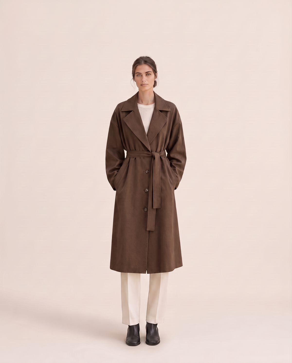 Long Tie-Waist Trench Coat for Women — dark brown