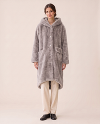 Hooded Faux Fur Longline Coat — light gray
