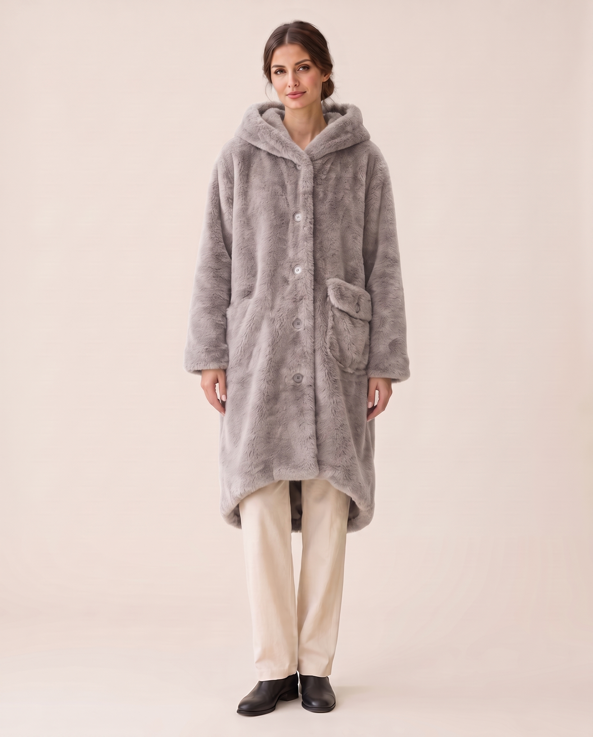 Hooded Faux Fur Longline Coat — light gray