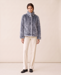 Short Faux Fur Coat with Stand Collar — silver blue