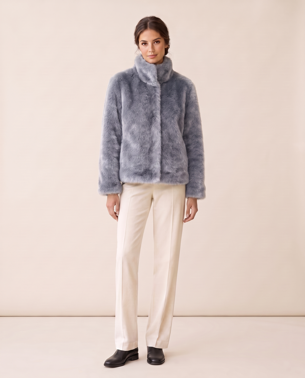 Short Faux Fur Coat with Stand Collar — silver blue