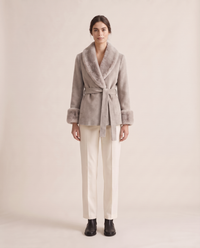 Wrap Coat with Removable Plush Collar — light gray