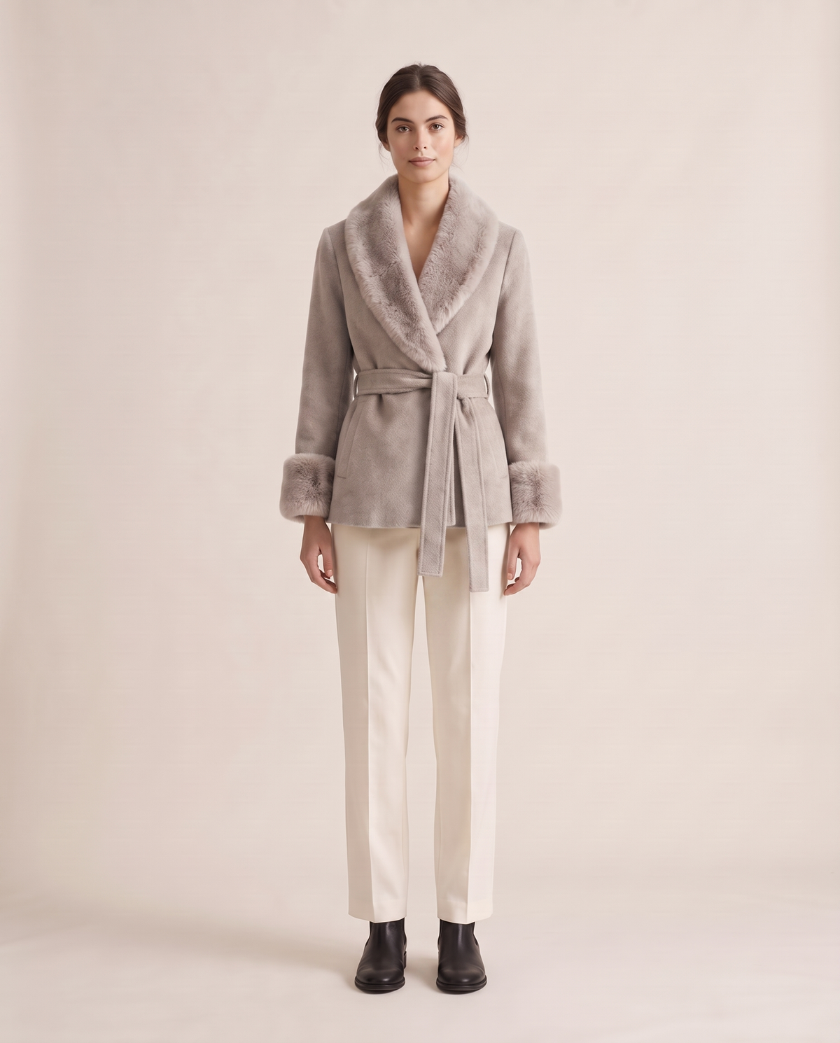 Wrap Coat with Removable Plush Collar — light gray