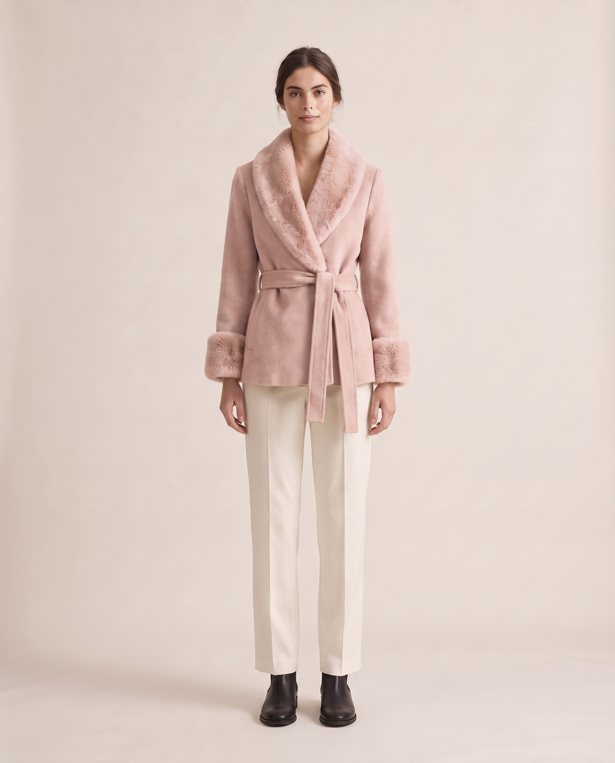 Wrap Coat with Removable Plush Collar — light pink