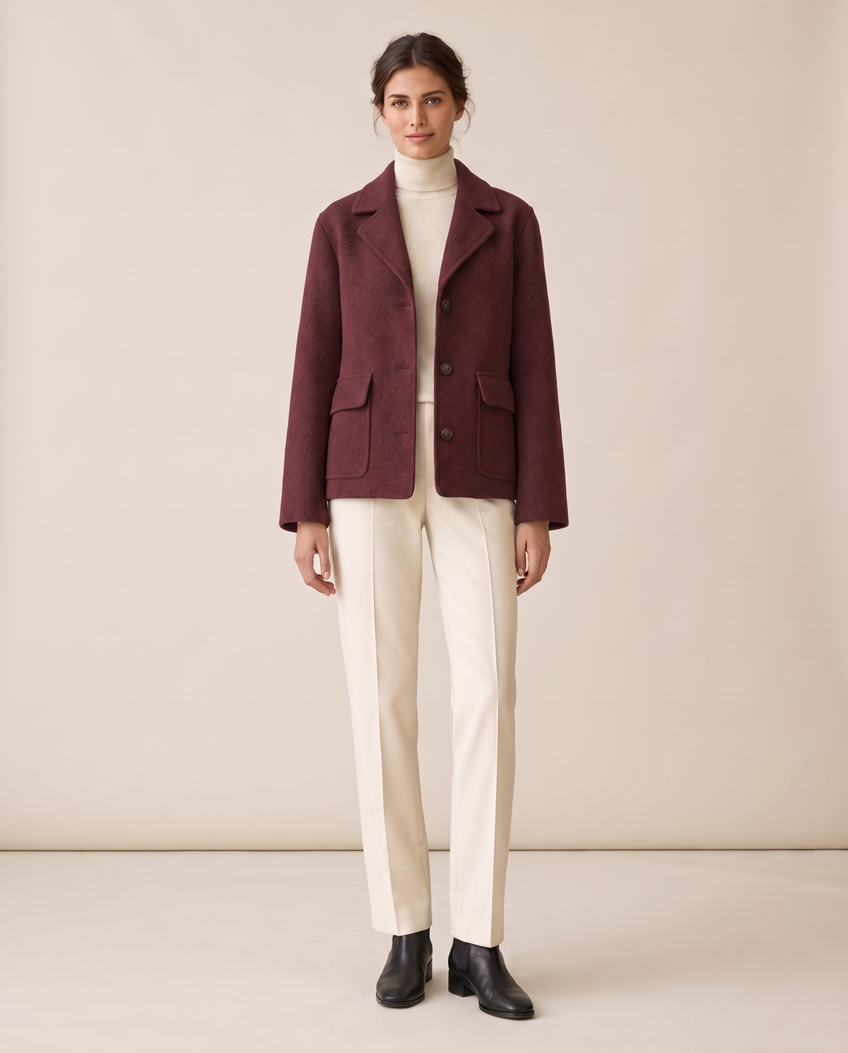 Short Wool-Blend Coat with Notched Collar — burgundy