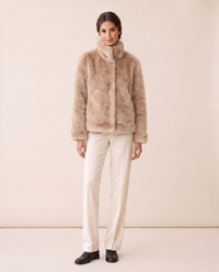 Short Faux Fur Coat with Stand Collar — beige