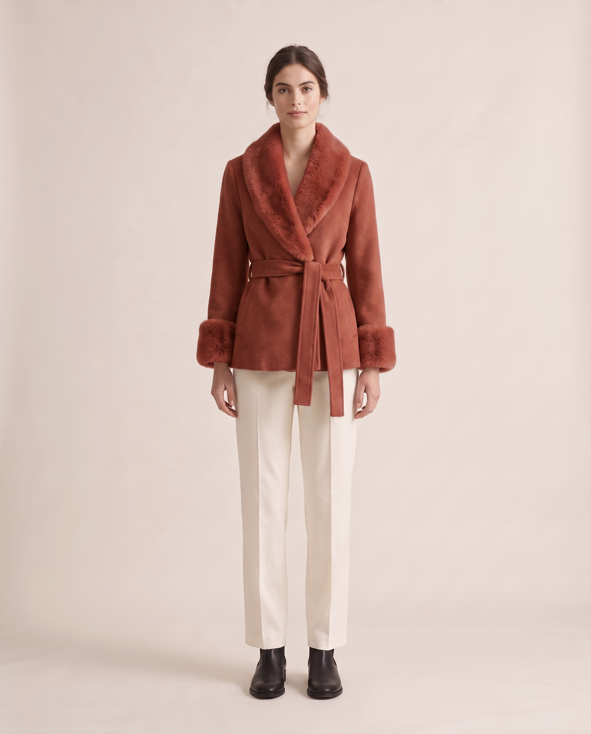 Wrap Coat with Removable Plush Collar — brick red